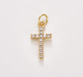 18K Gold Filled Clear Crystal Cross Charm Pendant, 19x9mm, CP434